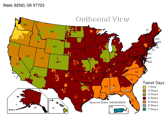 UPS Ground Shipping Map from Bend, Oregon