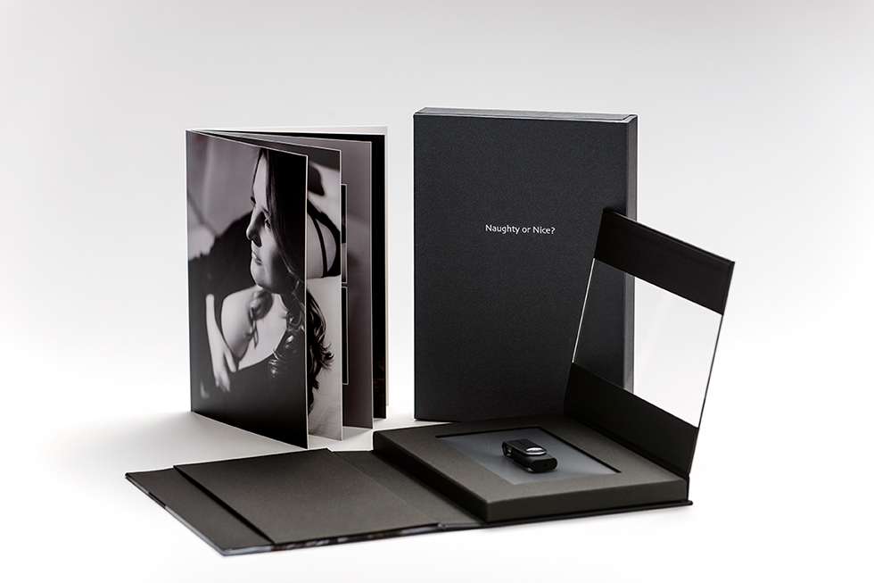 AsukaBook USB/Keepsake Presentation Photo Book Detail of black pearl case, pull out book, and inside of USB holder