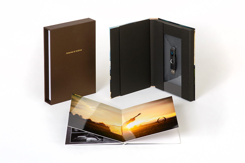 AsukaBook USB/Keepsake Presentation Photo Book comes with a slide-in case, pull out book, and USB holder