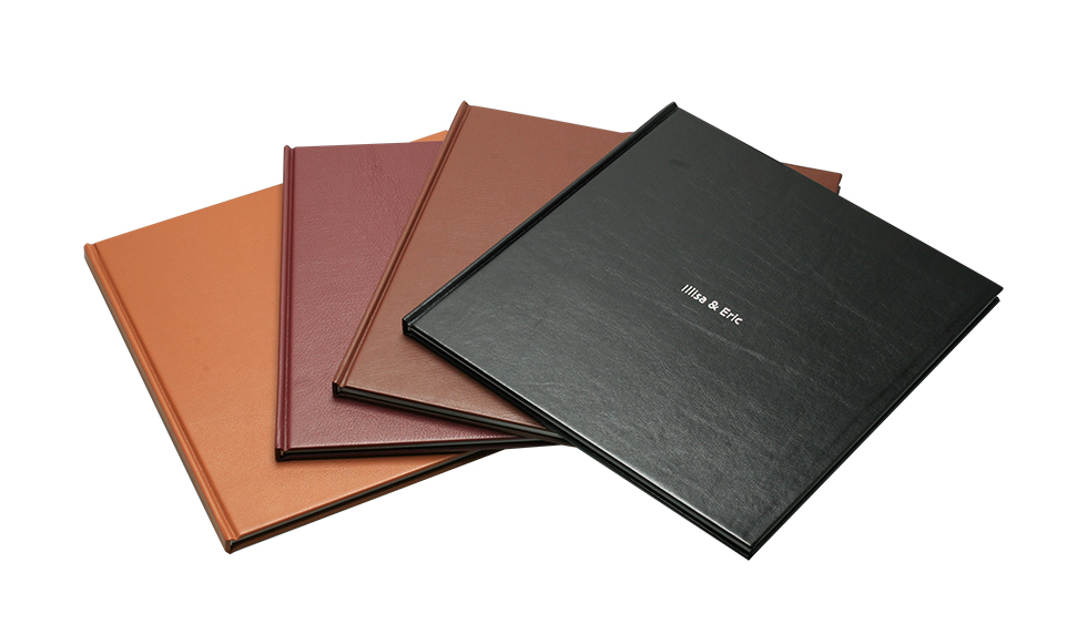 AsukaBook Book Bound LX Leather Photo Book Saddle, Bordeaux, Brown, and Black leather covers with hot stamp